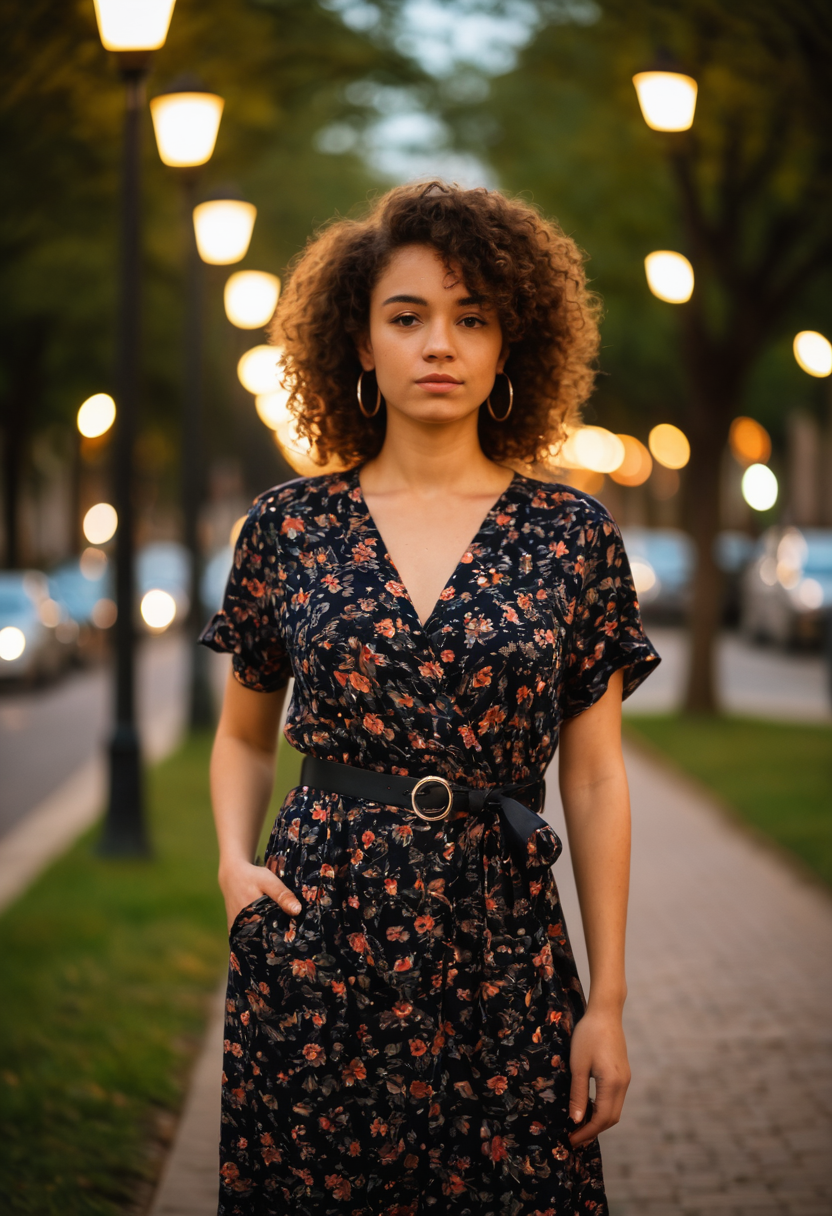 00081-Midshot, woman, dusk setting, outdoor, floral dress, black belt, standing, bokeh background, street lights, tree-lined pathway,.png